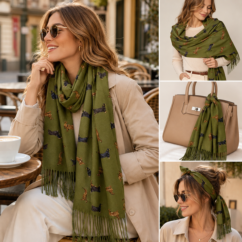 Thumbnail: Green Dachshund Dog Print Ladies Scarf styled on a pretty brunette female