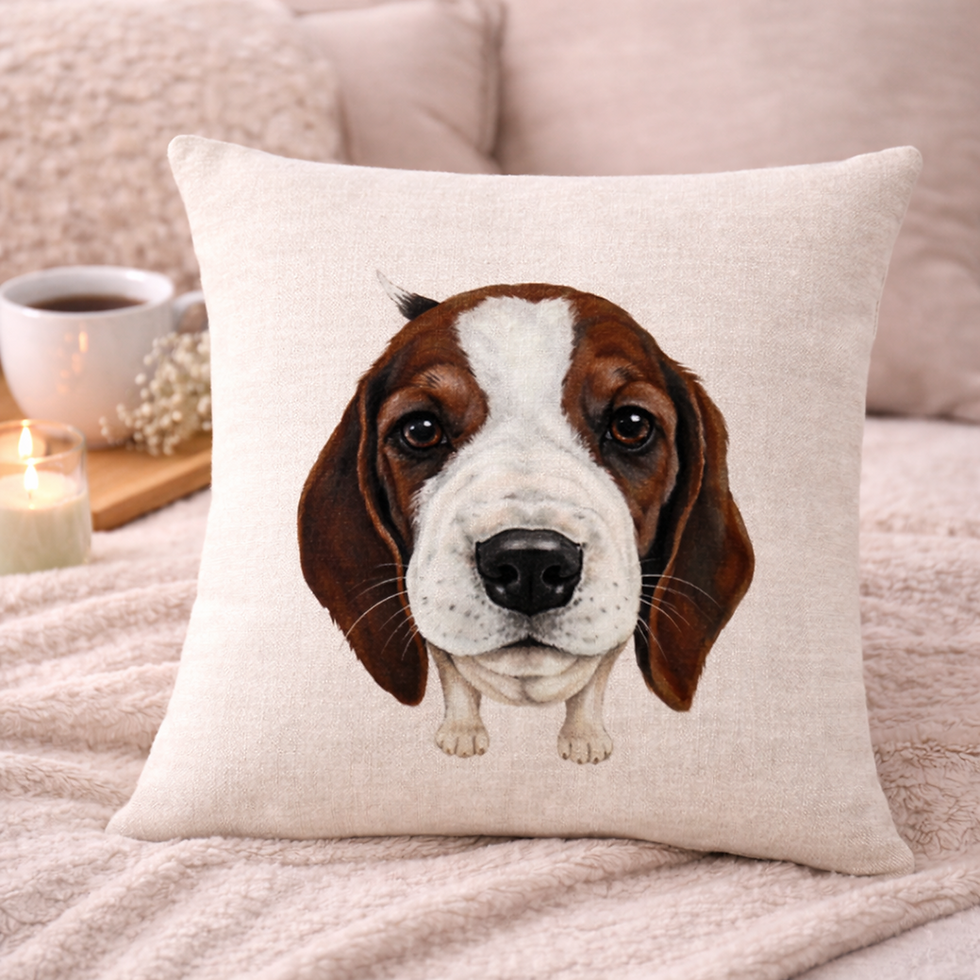 Thumbnail: Beagle Dog Cushion Cover styled on a beige sofa in a living room