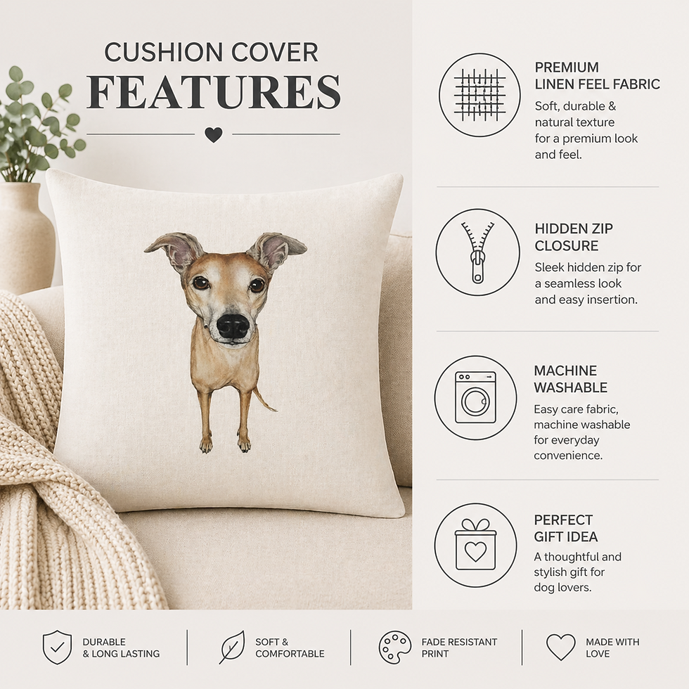 Thumbnail: Greyhound Whippet Dog Cushion Cover showing zip closure and stitched edges