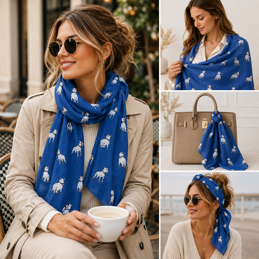 Thumbnail: Denim English Bull Terrier Dog Print Ladies Scarf styled on a pretty brunette female
