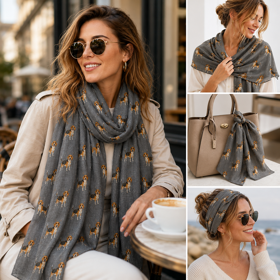 Beagle Dog Print Ladies Scarf styled on a pretty brunette female