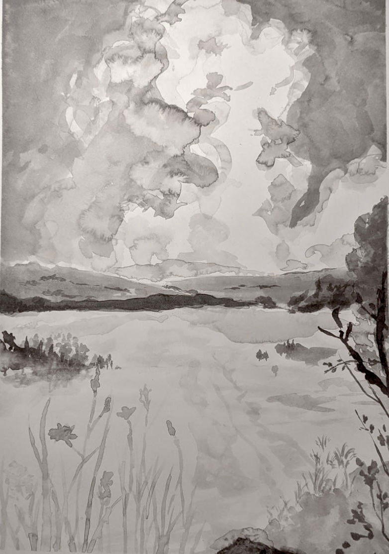 Ink Wash Landscape on Drawing Paper