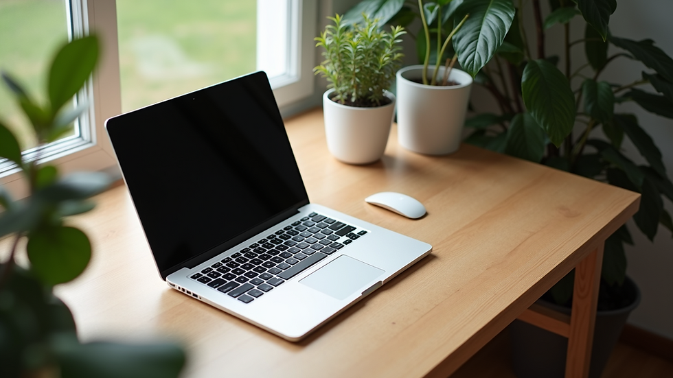 High angle view of a cozy home office setup with a laptop and a plant