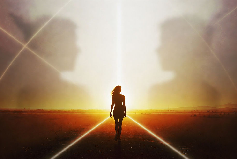 Empowering silhouette of a woman walking toward a soft glowing light on the horizon, with faint passing shadows fading behind her, representing healing and reclaiming autonomy.