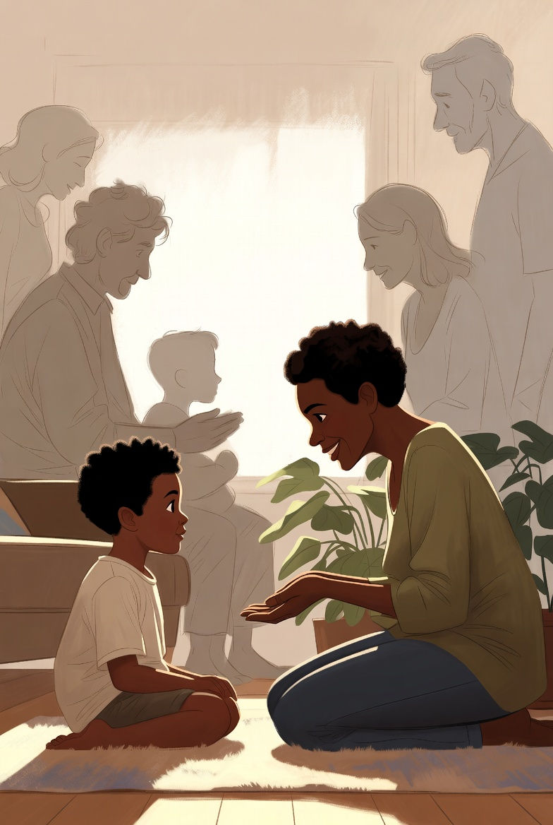 Warm illustration of a parent kneeling at eye level with a young child, smiling and listening attentively in a sunlit room. Soft, faded silhouettes of previous generations appear in the background, suggesting the shift from old patterns to a more connected present.