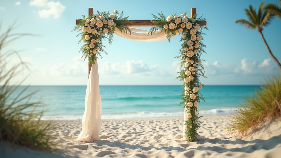 Eye-level view of a decorated beach wedding arch with ocean in the background