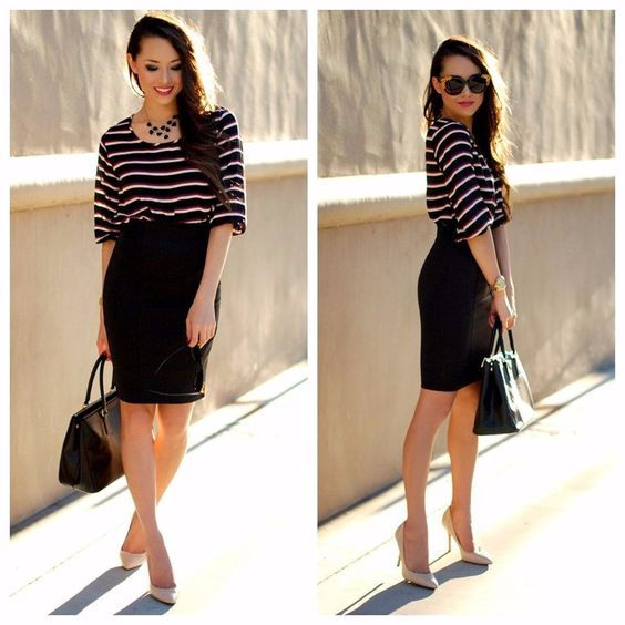 tendência saia midi com blusa listrada