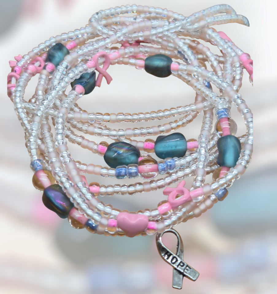 Tamara Tunie, Breast Cancer Awareness Waist Beads, Clear, Translucent Pink, Iridescent Teal, Pink Waist Beads, Handmade