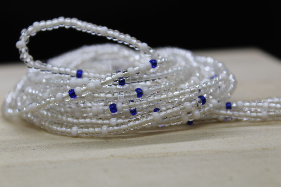 Theresa Randle, Clear with White & Blue waist beads handmade waist beads