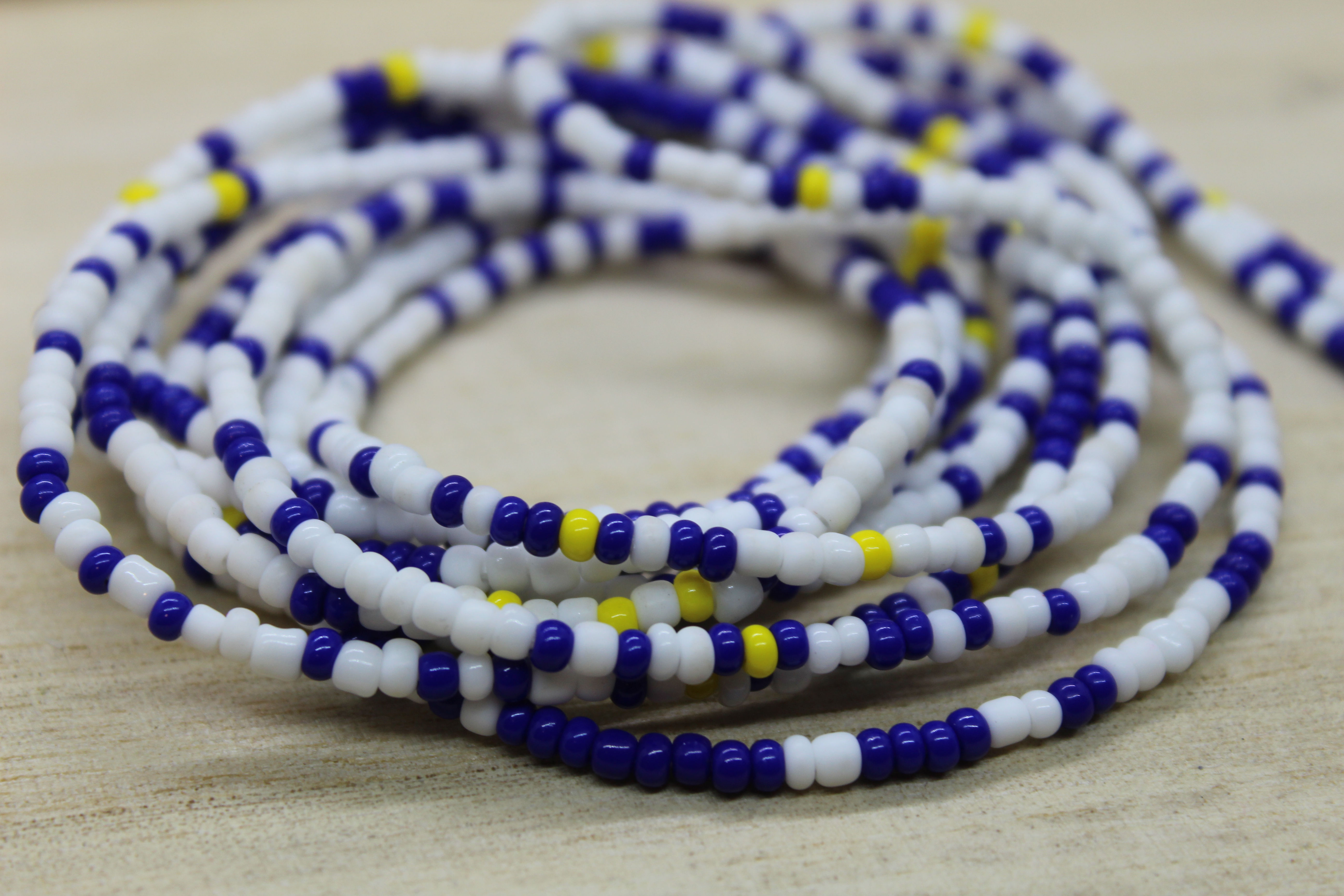 Alfre Woodard, White, Yellow & Blue waist beads, handmade waist beads