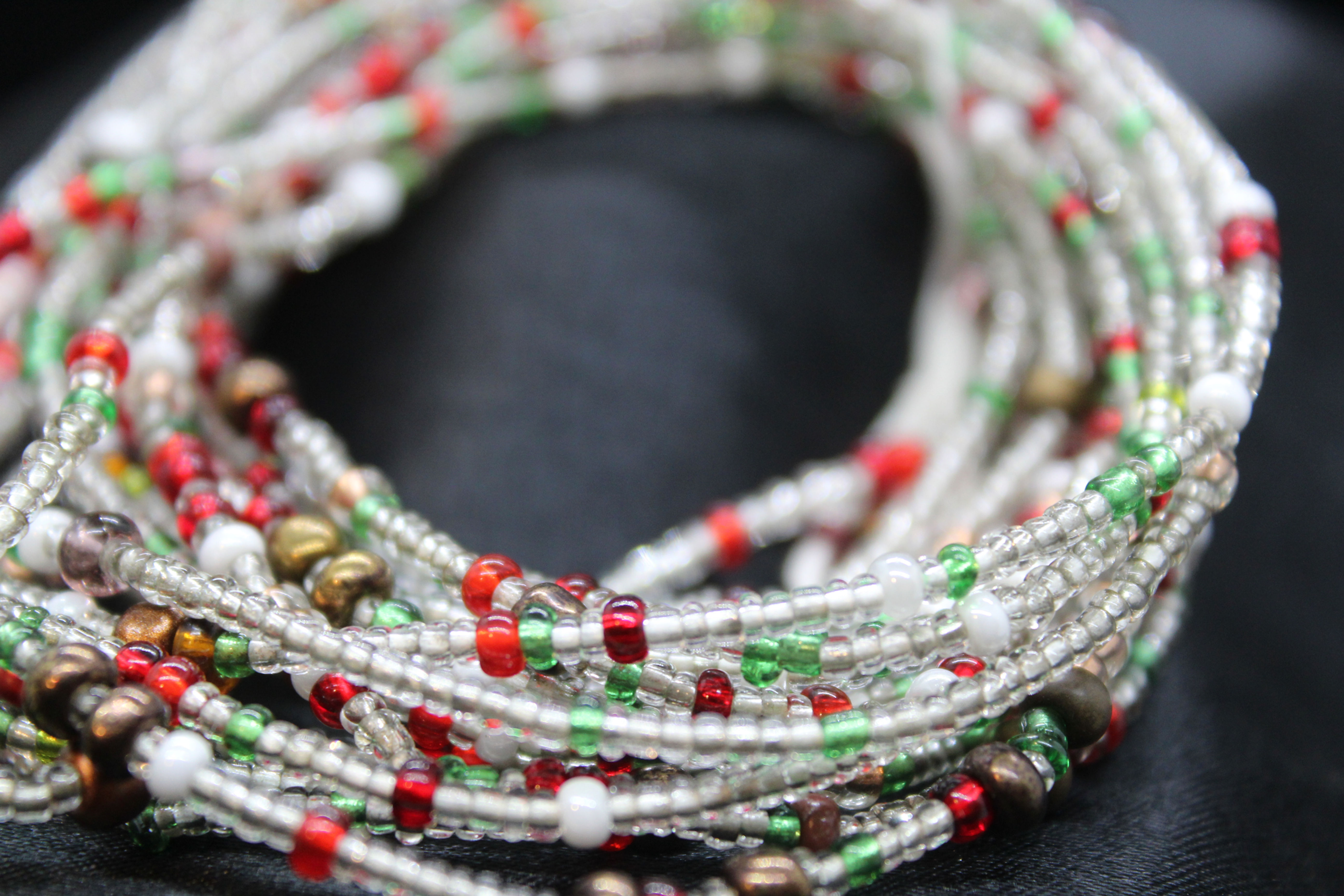Dawn Staley, Clear, Red, Green, Brown & White waist beads, handmade waist beads