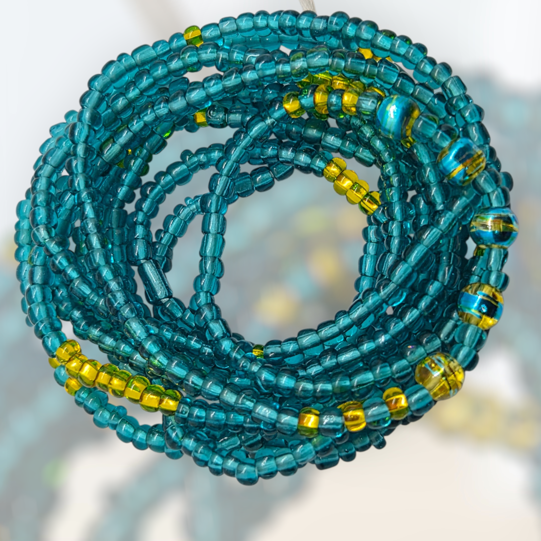 Sheila Johnson, Handmade Waist Beads, Teal and Gold Waist Beads, Plus Size Waist Beads
