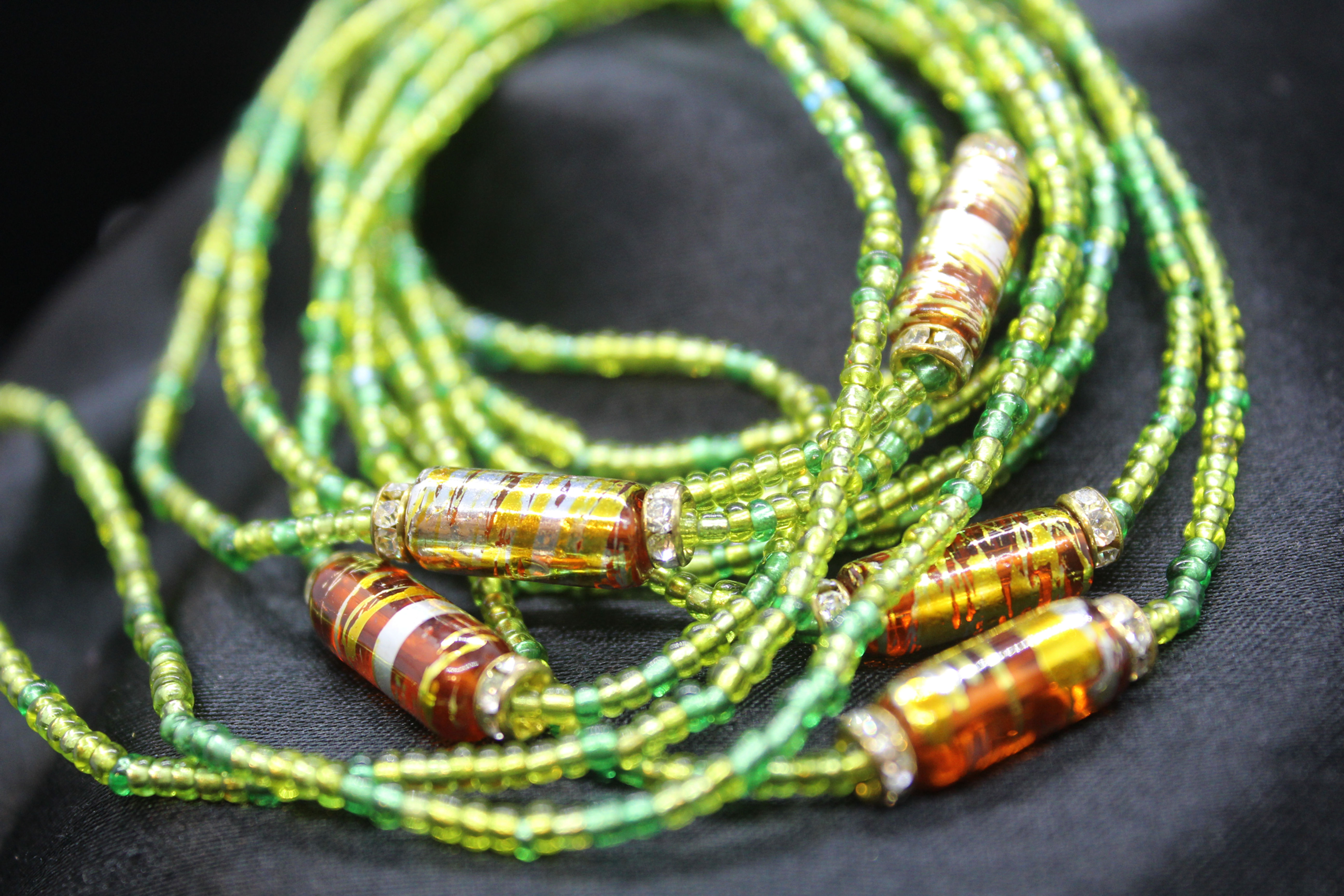 Aretha Franklin, green, brown, gold waist beads, handmade waist beads