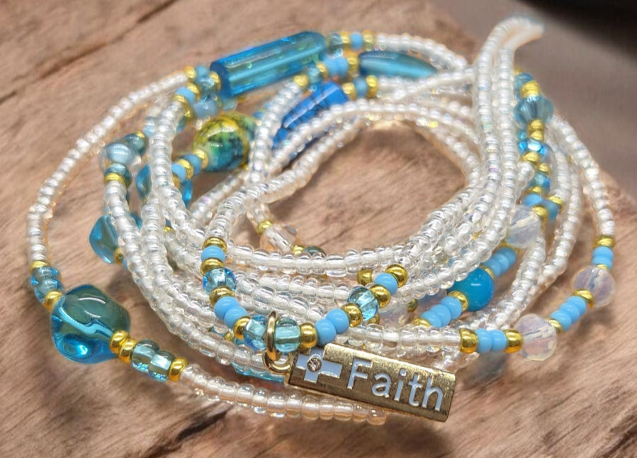 Tia Mowry, Handmade Waist Beads, Clear, Teal, Gold waist beads, Faith waist beads