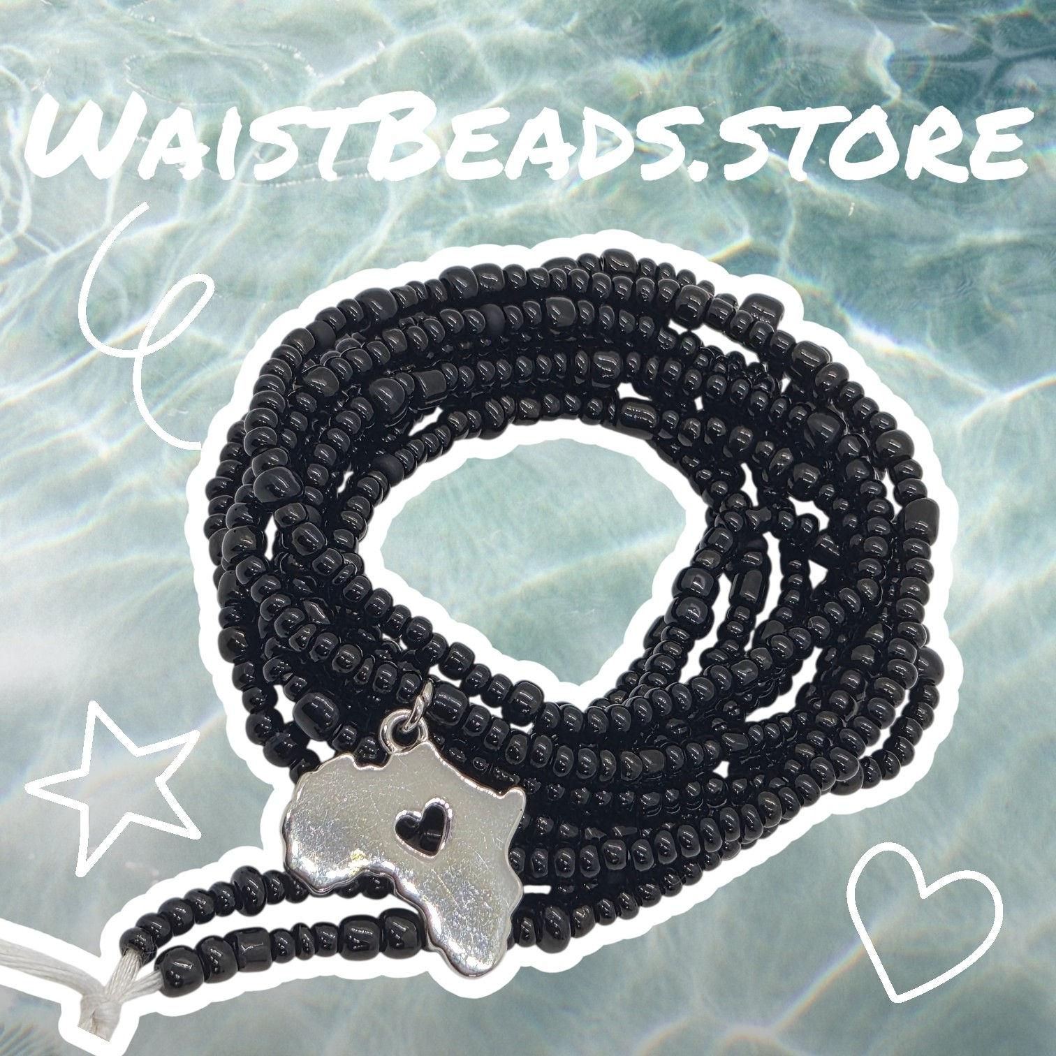 Ella Baker, Onyx Black Waist beads, Silver Africa Charm waist beads, Plus size waist beads, waist beads for weight loss