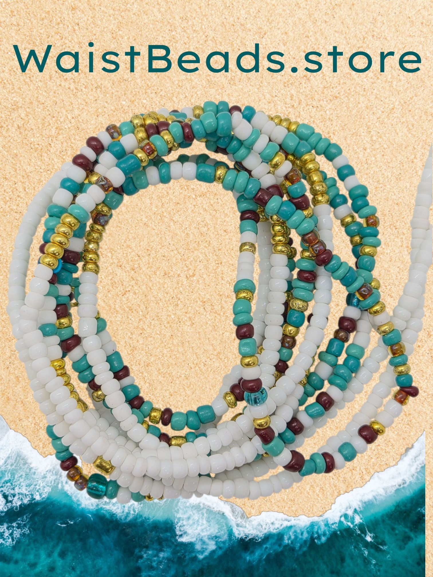 Teal waist beads, Opaque White waist beads, Deep Maroon waist beads, Gold Waist Bead