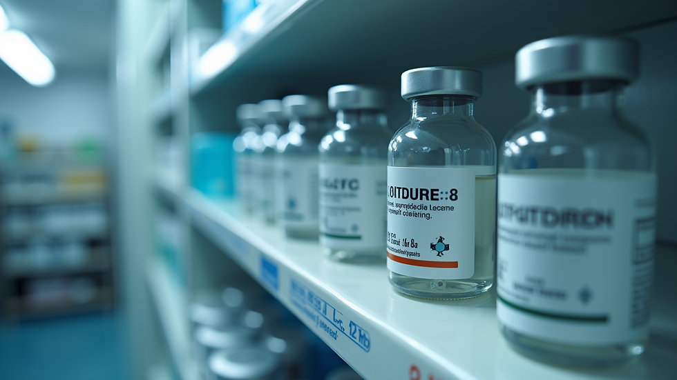 Eye-level view of a refrigerated medicine cabinet with labeled peptide vials