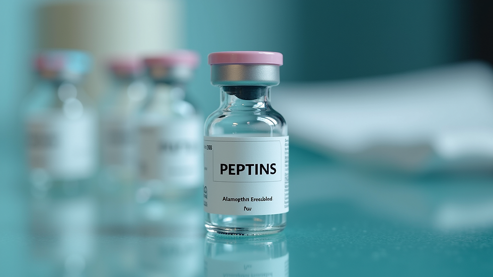 Close-up view of a vial containing peptides with clear labeling