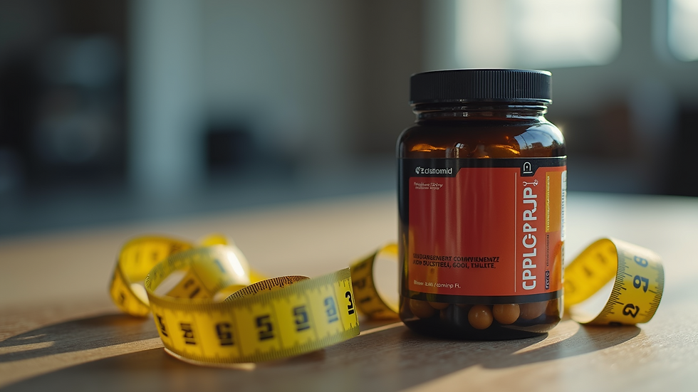 Eye-level view of a fitness supplement bottle next to a measuring tape
