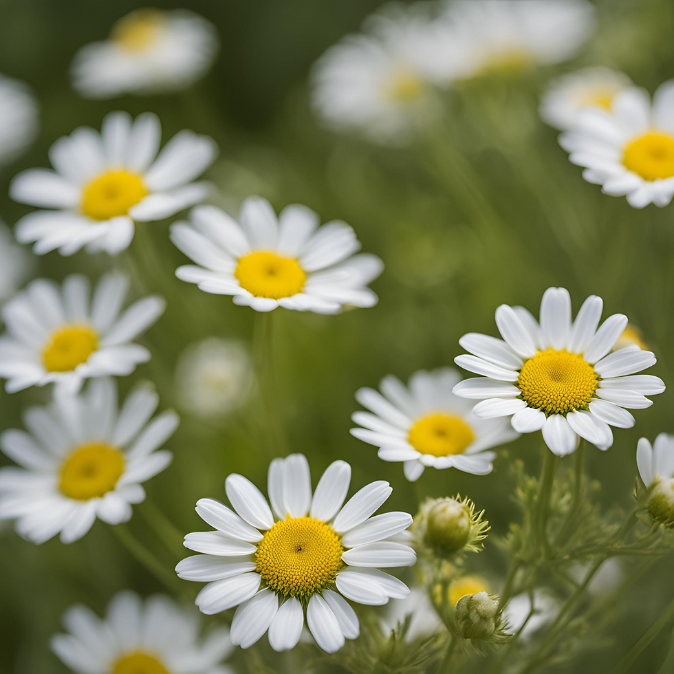 Fresh flowers chamomile in a close up shot among other chamomile flowers