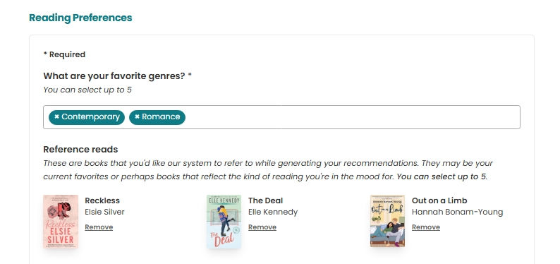 StoryGraph provides a preferences survey to provide better book recommendations. This survey asks readers for what they like and dislike in a book to get tailored book recommendations.