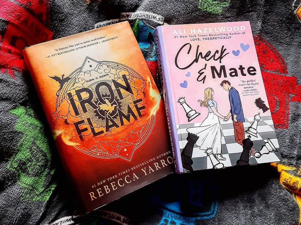 Iron Flame by Rebeca Yarros is an example of a NA romantasy book, meanwhile, Check & Mate by Ali Hazelwood is a YA romance.