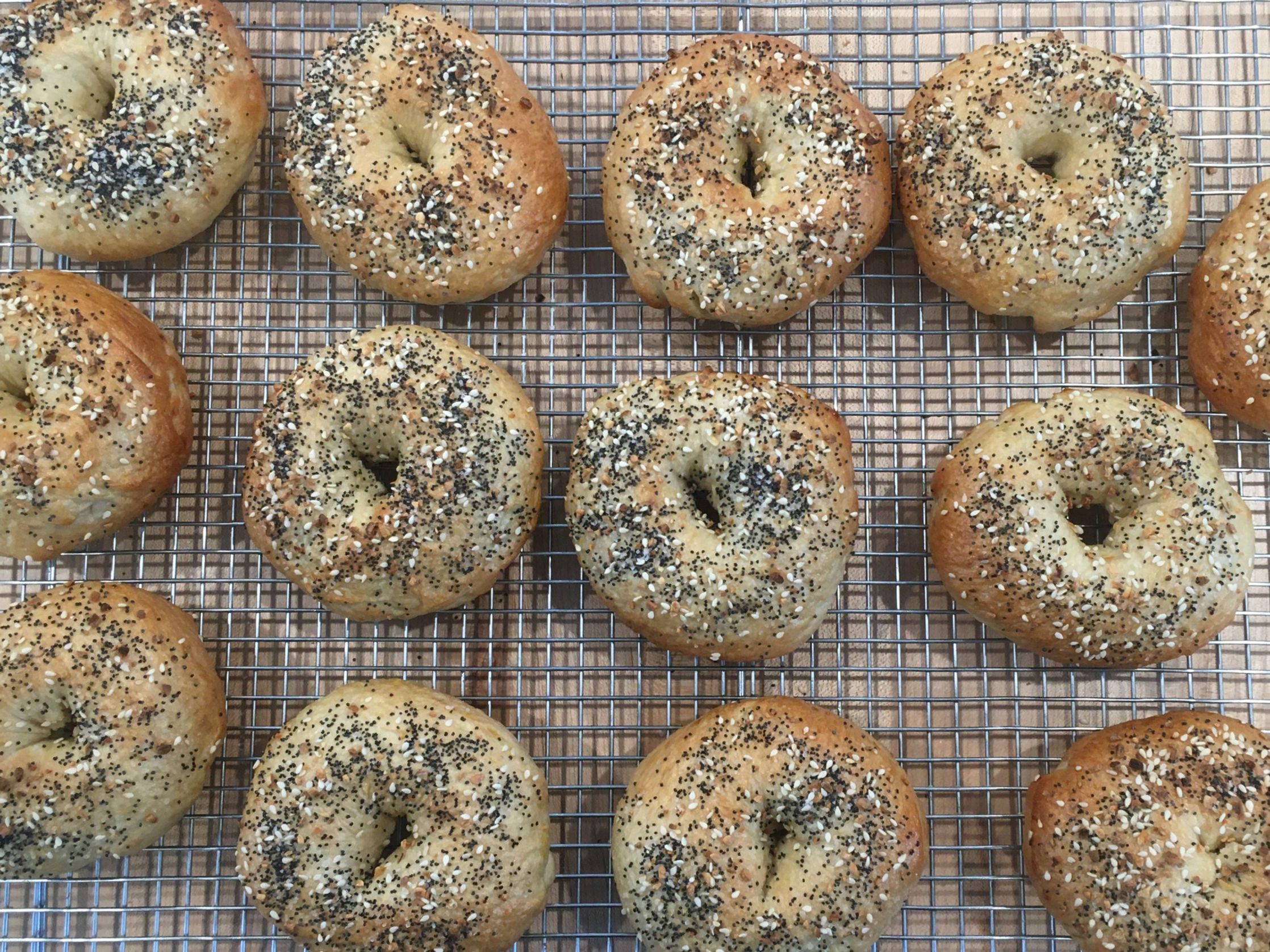 Freshly baked everything bagels on a cooling rack.