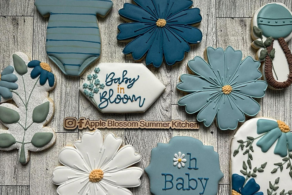 Thumbnail: Decorated baby shower cookies with 'Baby in Bloom' and flowers.