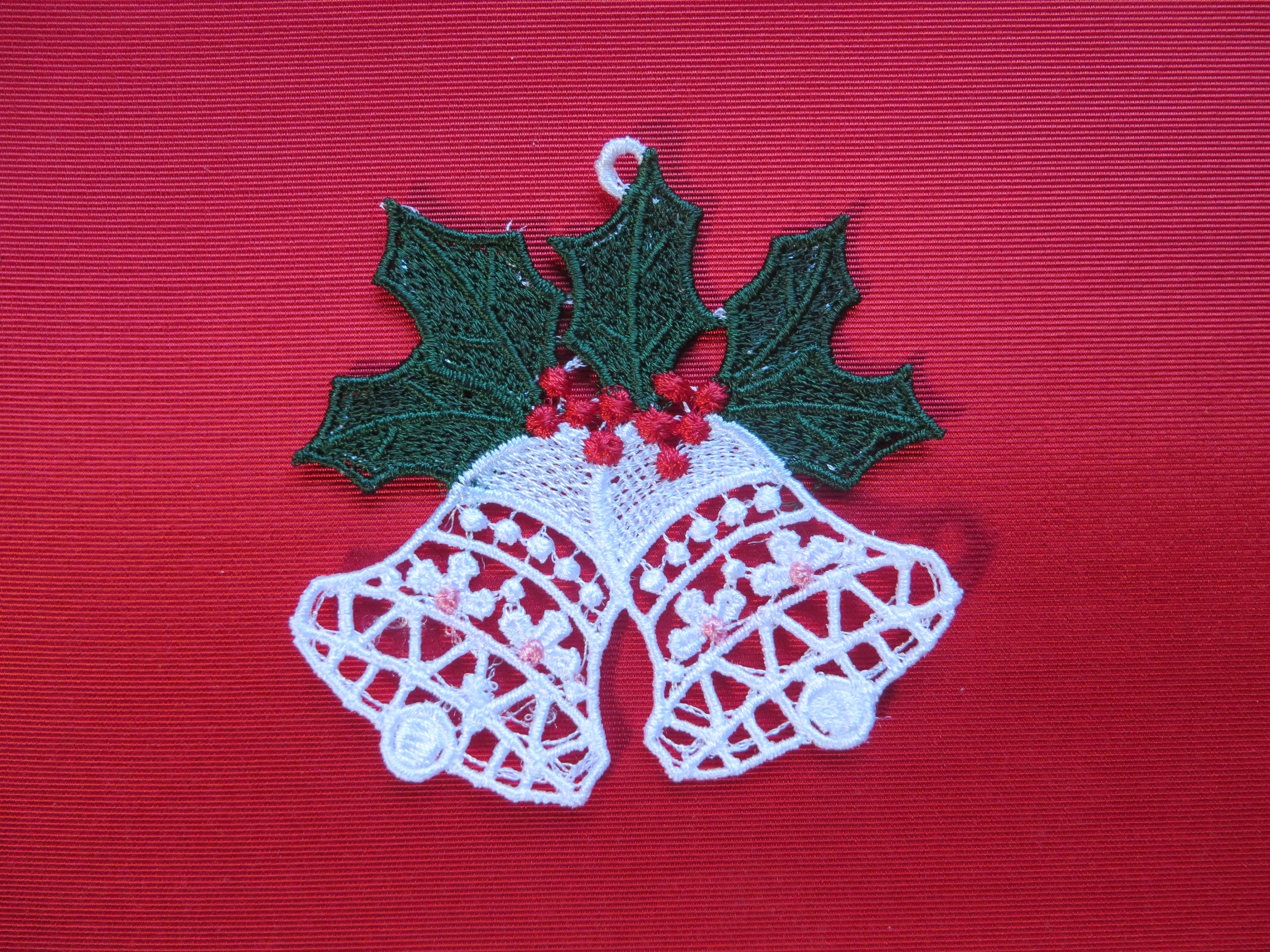 Embroidered Lace Ornament- Bells with Holly, multicolored
