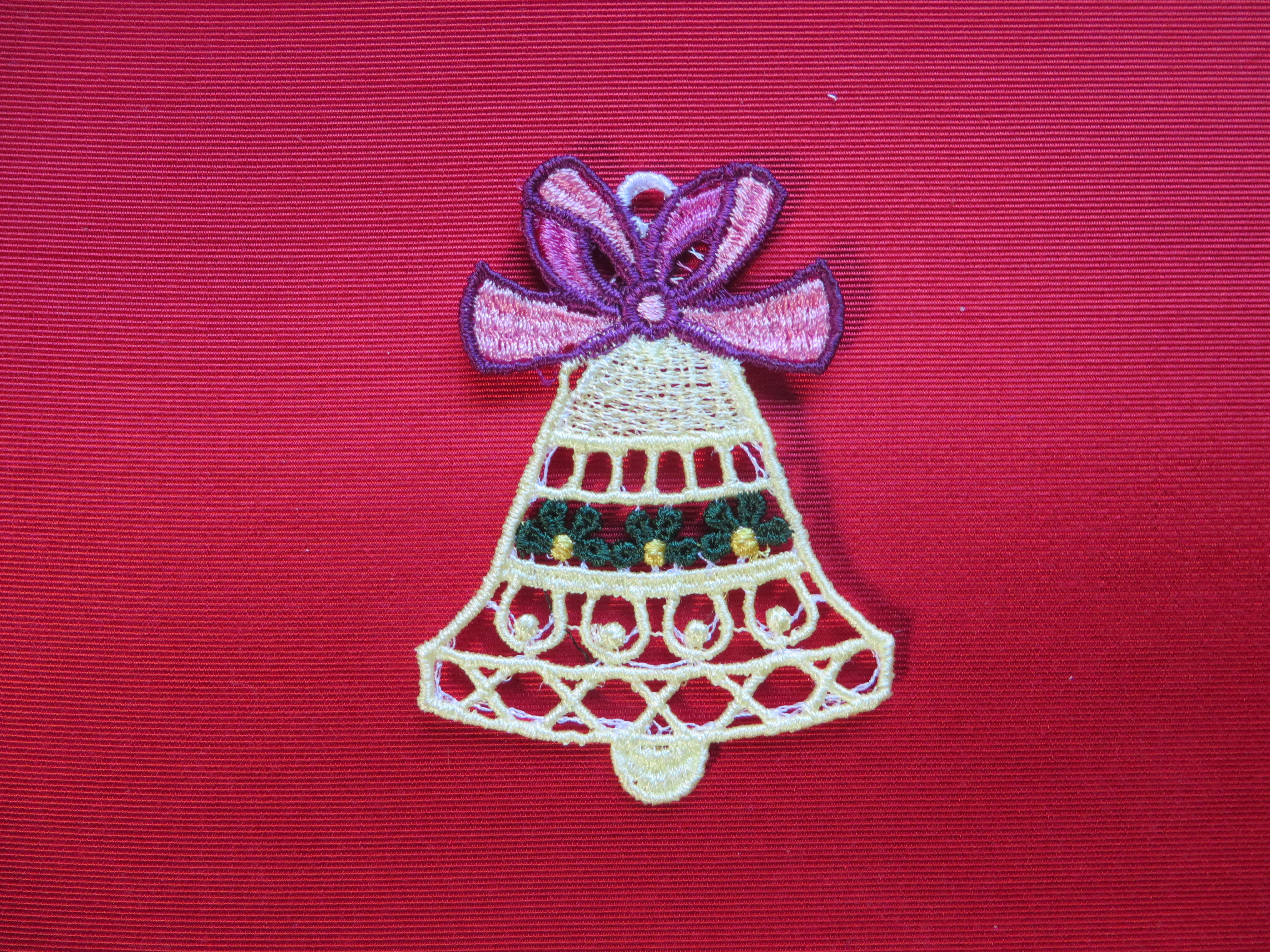 Embroidered Lace Ornament- Pale Yellow Bell with Purple Bow
