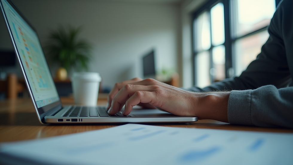Eye-level view of a digital entrepreneur working on a laptop in a modern office