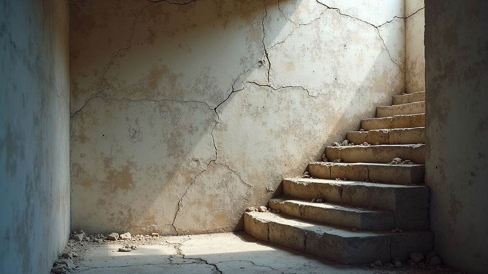 High angle view of a cracked foundation wall