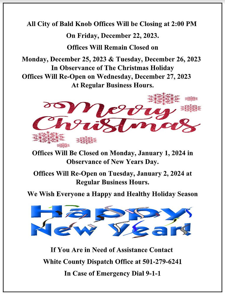 All Bald Knob City Offices to Close for the Holidays