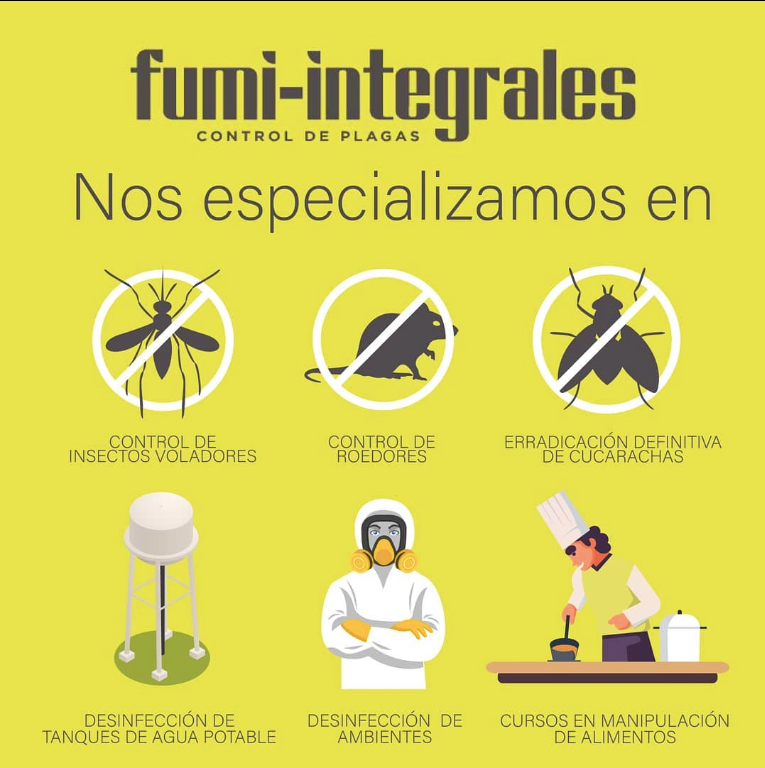 Servicios de Fumi Integrales: control de insectos, roedores, cucarachas, desinfección de tanques y ambientes, y cursos de manipulación de alimentos.