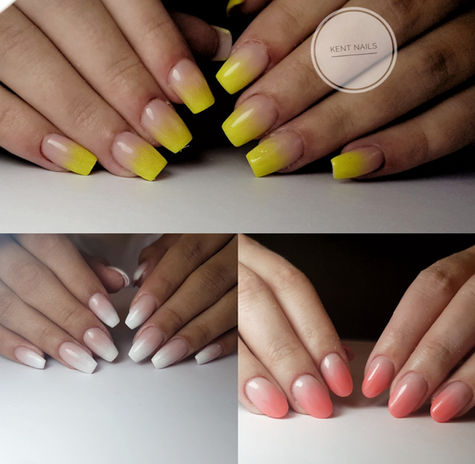 Collage of ombre nail designs including yellow square tips, soft pink fades, and white gradient manicures at Kent Nails in Canterbury

