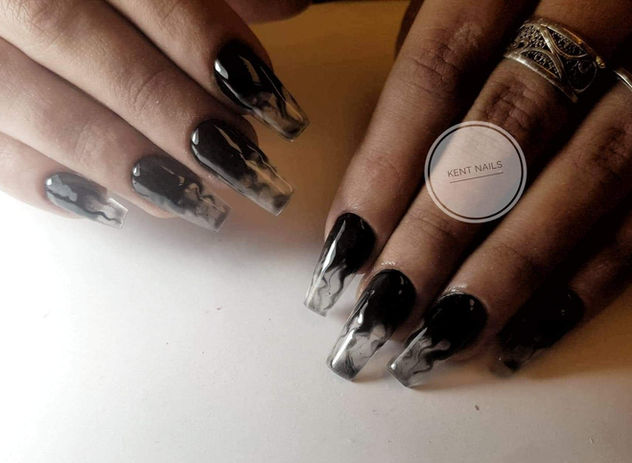 Black and silver ombré coffin-shaped acrylic nails with a smoky marble effect at Kent Nails in Canterbury
