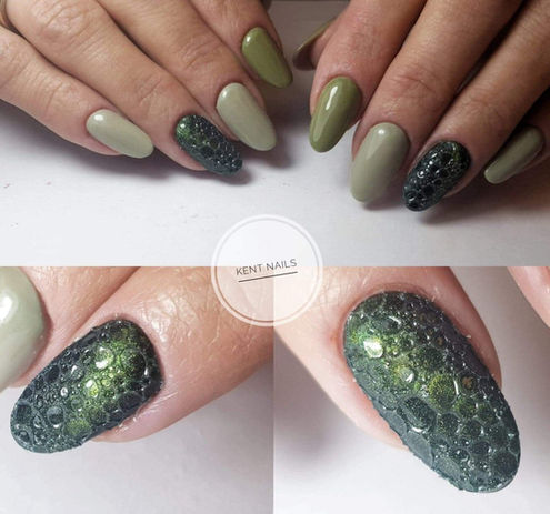 Olive green gel manicure with 3D reptile-scale texture and glossy finish at Kent Nails in Canterbury
