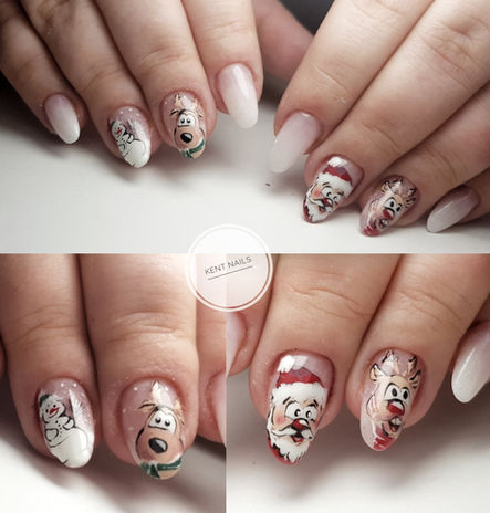 Christmas nail art with Santa Claus, snowmen, and glitter details on almond-shaped nails at Kent Nails in Canterbury
