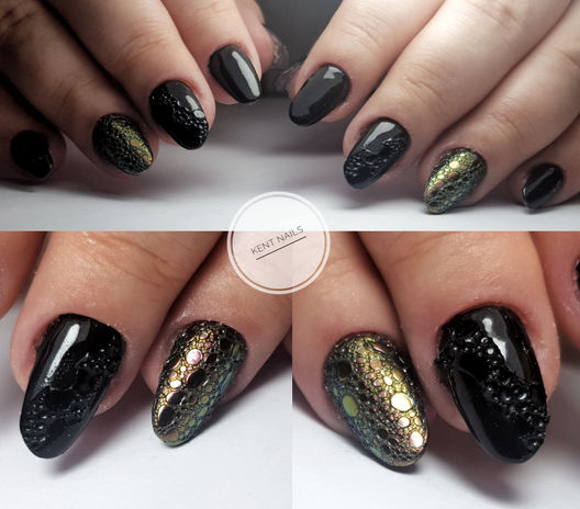 Short black gel nails with holographic snake-skin texture and glossy finish at Kent Nails in Canterbury

