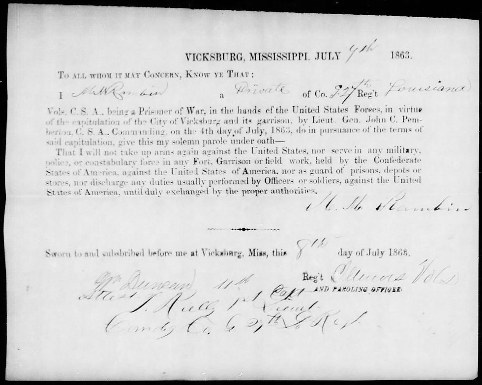 The oath of allegiance signed by M M Rambin upon his parole after the Battle of Vicksburg. Courtesy of Fold3.com and the National Archives.