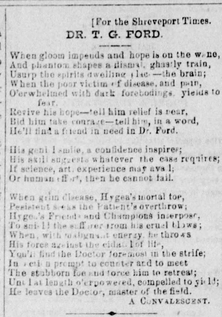 Dr. Ford was admired throughout the area for the care he gave his patients. In the December 23, 1877, issue of the Shreveport Times, a poem about Dr. Ford that was written by a grateful patient was published. Photo courtesy of The Shreveport Times and Newspapers.com