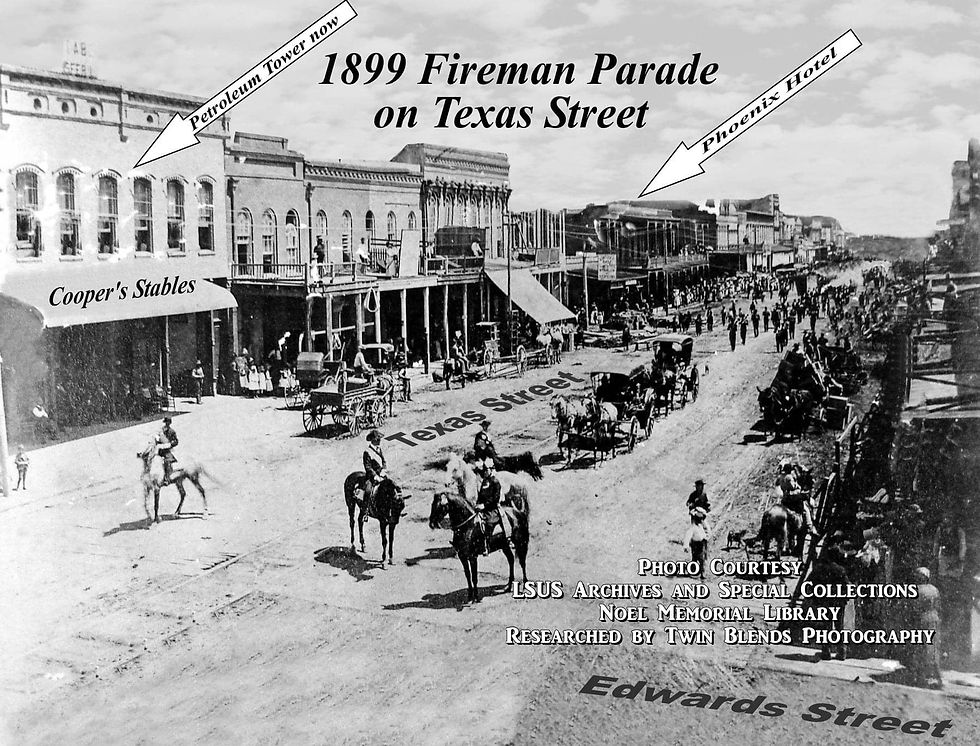 The 1899 Fireman Parade on Texas Street in downtown Shreveport.  Fannie was arrested during a similar event on the same street in 1883 when she displayed herself in a manner to attract attention on the balcony of her brothel. Photo courtesy of Twin Blends Photography, researched by them in the LSUS Archives and Special Collections at Noel Memorial Library.  View the original post by Twin Blends here. 