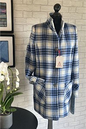 Ladies Tweed Funnel Neck Coat, Blues and White 295x443.jpg