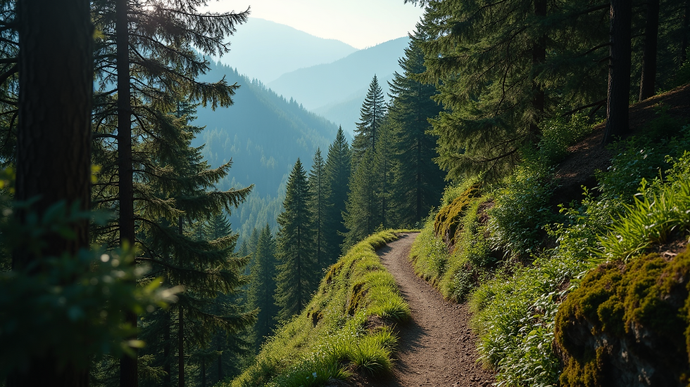 High angle view of a mountain trail winding through dense forest