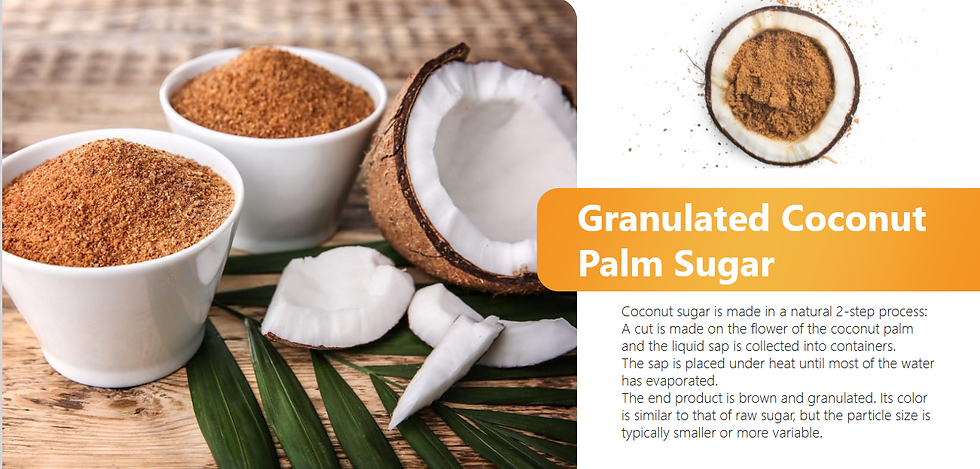 Bowls of brown granulated coconut palm sugar with coconut halves and slices on palm leaves; text says Granulated Coconut Palm Sugar