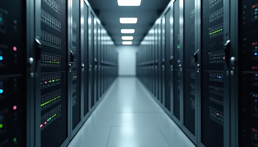 Eye-level view of a modern data center with servers