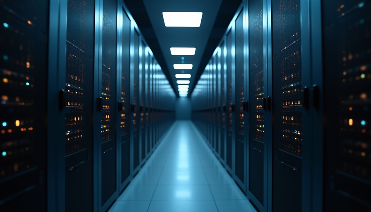 Eye-level view of a server rack with blinking lights in a data center