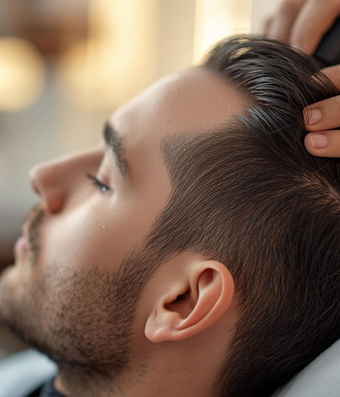man med tunt hår som får microneedling behandling på skönhetssalong