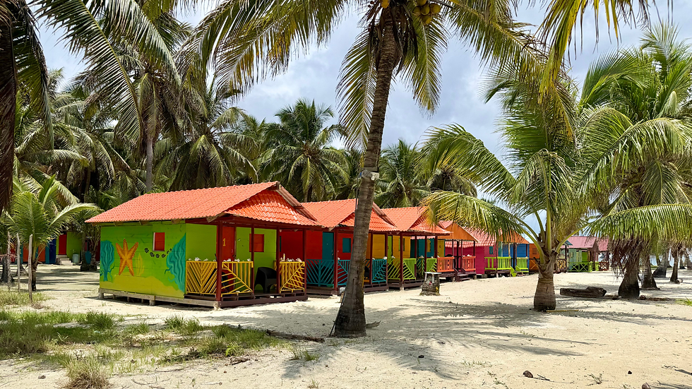 Colorful beach cabins with red roofs under tall palm trees on sandy shore, bright tropical scene with no people visible