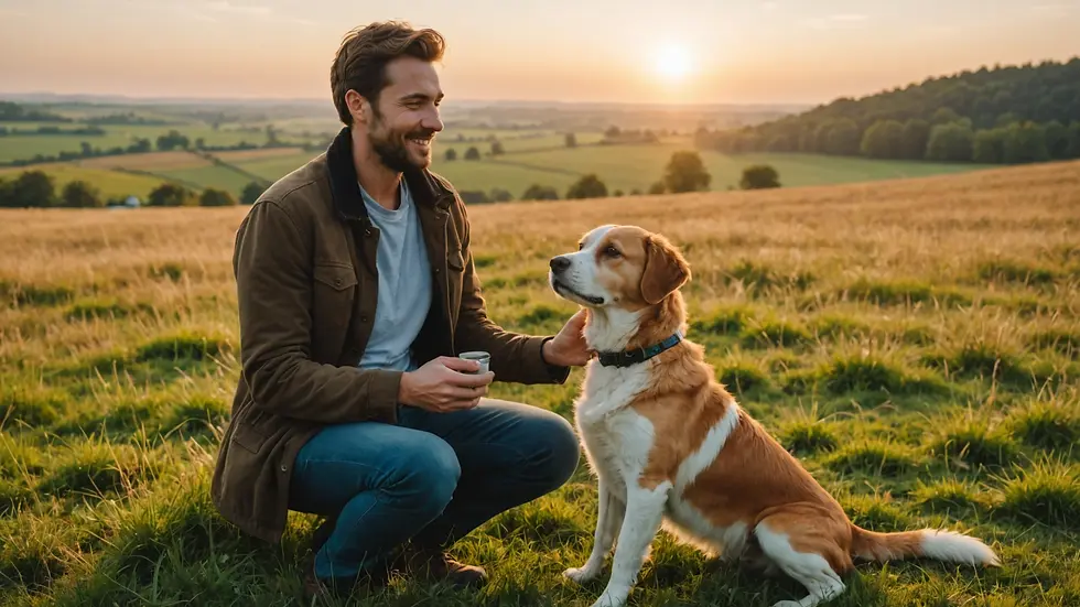Wide angle view of a dog enjoying time with its owner in an open field